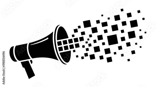 Geometric megaphone emitting pixel particles - for social campaign illustration