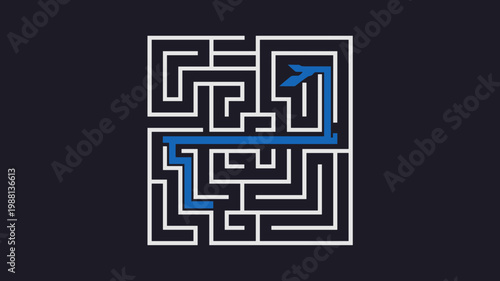 Geometric labyrinth icon with glowing solution route - for problem solving design