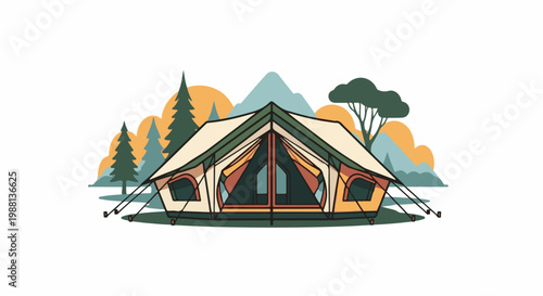 A spacious, modern canvas tent is set up in a scenic outdoor landscape