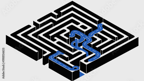 Maze with illuminated digital path to exit - for strategy branding