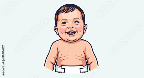 A smiling infant in a diaper, with dark hair and rosy cheeks