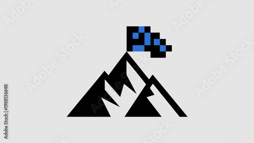 Geometric mountain icon with electronic summit flag - for milestone design