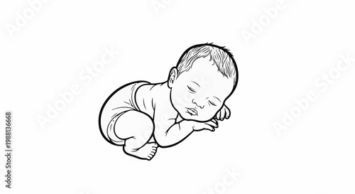 A black and white line drawing of a newborn baby sleeping peacefully on its side