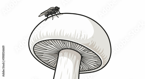A fly rests on a large, stylized white mushroom with intricate gills