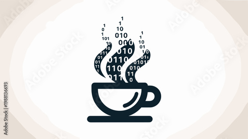 Coffee cup with binary data steam swirls - for tech culture branding