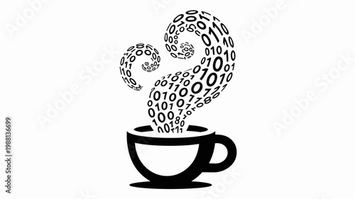 Unique coffee cup with ascending data streams - for coder workspace illustration