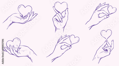 Hand Drawn Professional Illustration Set of Hands Holding Heart Shapes