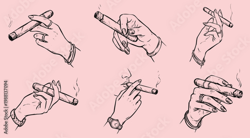 Hand Drawn Professional Illustration Set of Hands Holding Lit Cigar