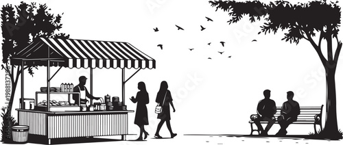 Food truck, people, Middle Eastern, black and white vector illustration, street food, urban scene