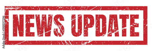 News update red grunge rubber stamp informational sign for media broadcasting, journalism and daily reportage.