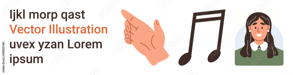 Fototapeta premium Communication, music education, learning, expression, interpersonal connections, content creation. Hand pointing gesture, musical note female avatar. Communication and music education