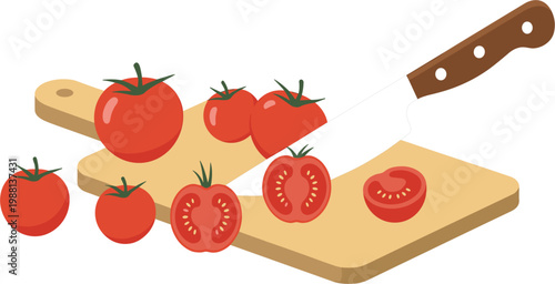 Fresh red tomatoes being sliced with kitchen knife on wooden cutting board for cooking and healthy recipe vector