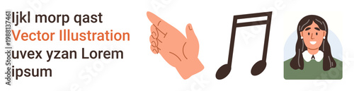 Communication, music education, learning, expression, interpersonal connections, content creation. Hand pointing gesture, musical note female avatar. Communication and music education