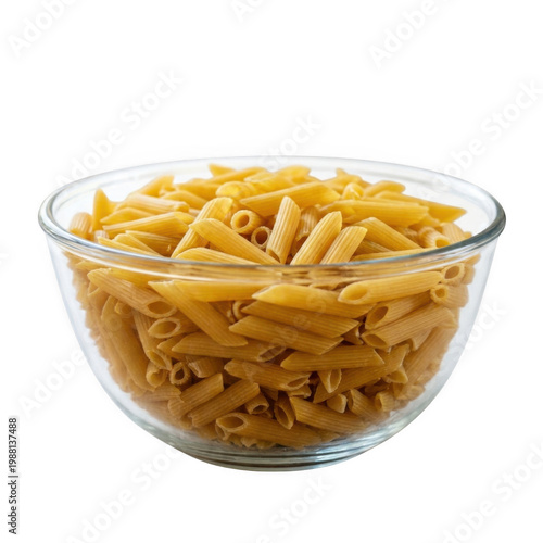 Penne pasta in a glass bowl isolated on transparent background