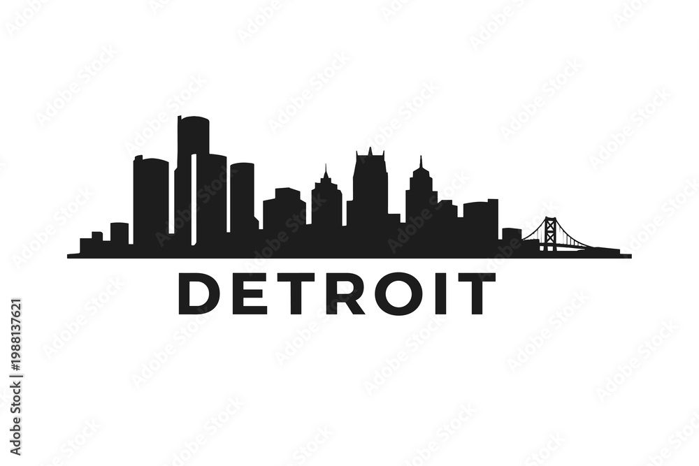 Obraz premium 2D Minimalist Detroit Skyline Silhouette Flat Black City Illustration with Bridge