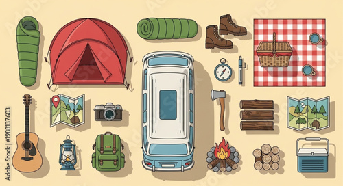 Camping gear and equipment laid out flat top view.