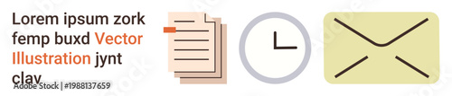 Time management, communication tools, productivity, task organization, email correspondence, workplace efficiency. Stack of documents, a clock and an envelope. Time management and communication