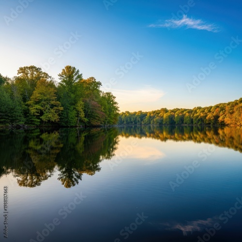 Serene and perfectly balanced natural wilderness scene showing tranquil water reflecting the sky and forest, symbolizing inherent fairness, wild, purity, balance