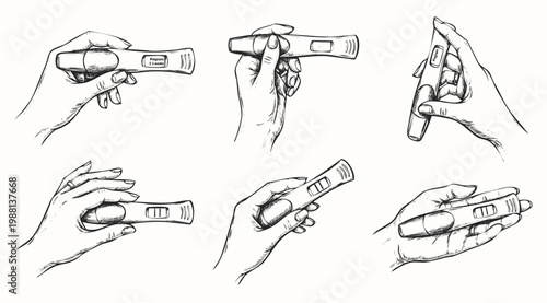 Hand Drawn Professional Illustration Set of Female Hands Holding Pregnancy Test