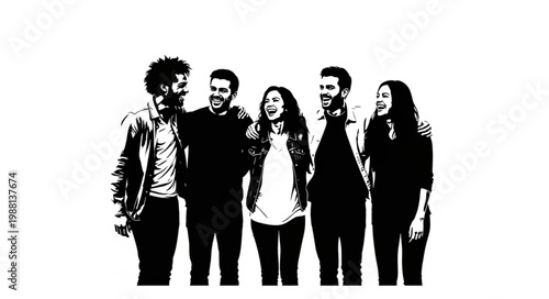 Diverse group of young friends laughing together happily.