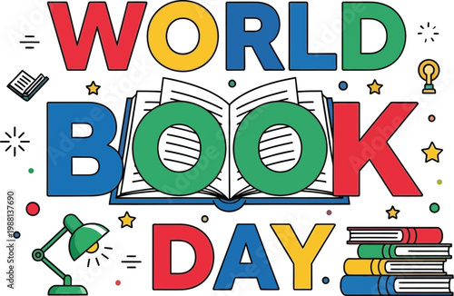 Colorful vector graphic illustration celebrating World Book Day with creative typography, stacked books, and reading icons for literary events.