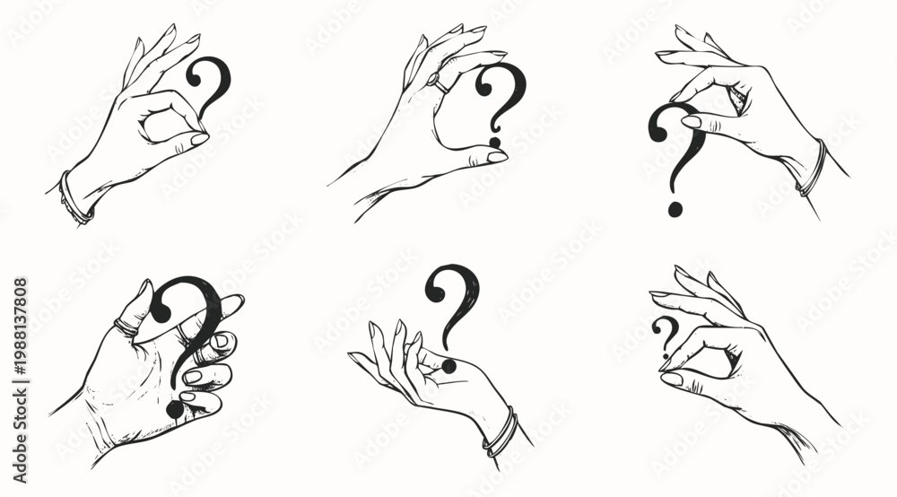 Fototapeta premium Hand Drawn Professional Illustration Set of Hands Holding Question Mark Symbol