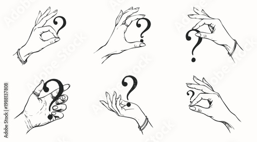 Hand Drawn Professional Illustration Set of Hands Holding Question Mark Symbol