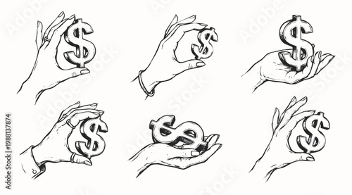 Hand Drawn Professional Illustration Set of Hands Holding Dollar Currency Symbol