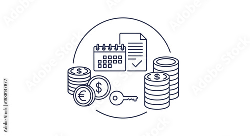 Financial planning and money management concept with calendar, coins, document, and key.