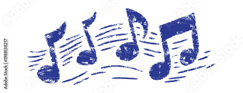 Blue music notes in linocut style. Hand-drawn textured eighth notes with grunge woodcut effect. Minimalist musical notation symbol on white. Creative melody and sound design element