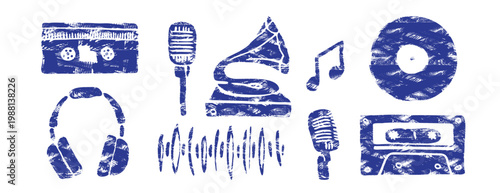 Blue music icon set in linocut style. Vintage audio elements including cassette, vinyl record, headphones, and gramophone. Hand-drawn textured vector illustration for retro sound design