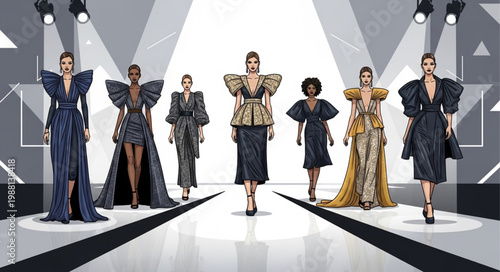 Diverse models showcase avant-garde fashion on a brightly lit runway.