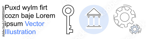 Security, governance, efficiency, bureaucracy, business processes, regulations. Key, government building icon and gear outlines with clean design. Security and governance visuals concept