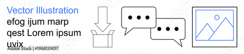 Communication, packaging, file sharing, digital messaging, image sharing, content exchange. Dialogue boxes, a download icon and framed image. Communication and packaging concept