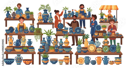 Diverse People Shopping at a Vibrant Pottery Market Displaying Various Ceramic Crafts.