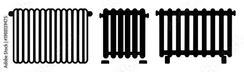 Radiator icon set with solid black silhouette on white background featuring heating, appliance, icon, thermostat with heat and energy