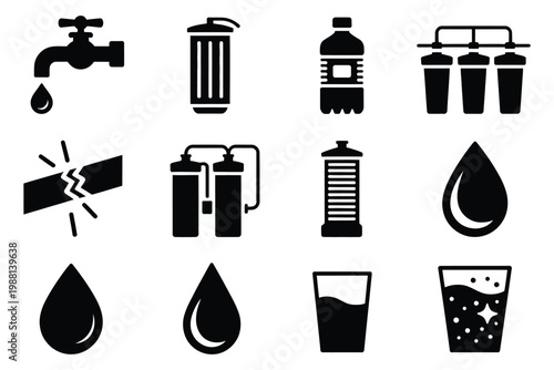 Portable filter straw water icon set with tap vector and purification symbols, tube filtration system illustration for clean drinking water, outdoor survival, and water treatment technology design.