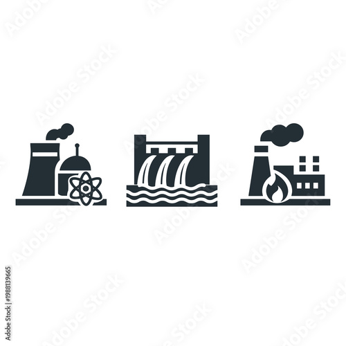 Minimalist Power Generation Icons Set with Nuclear Plant, Hydroelectric Dam and Thermal Power Station Flat Design