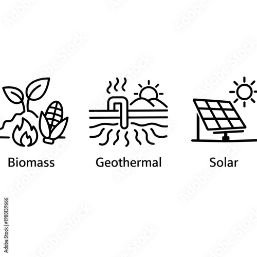 Minimalist Renewable Energy Icon Set with Biomass, Geothermal and Solar Power Symbols in Clean Outline Style on White Background