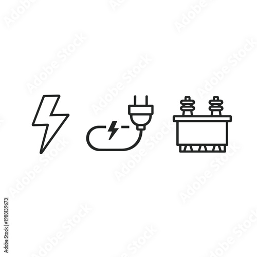 Minimalist Electricity Icon Set with Lightning Bolt, Power Plug Cable and Transformer in Clean Outline Style on White Background