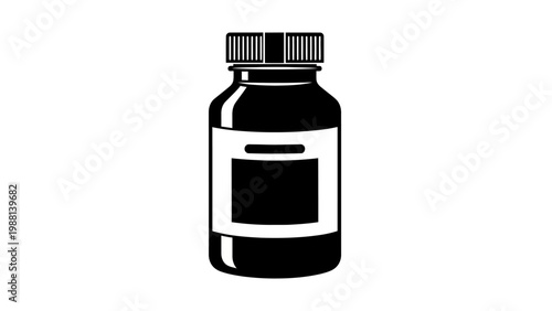 Black medicine bottle with label.