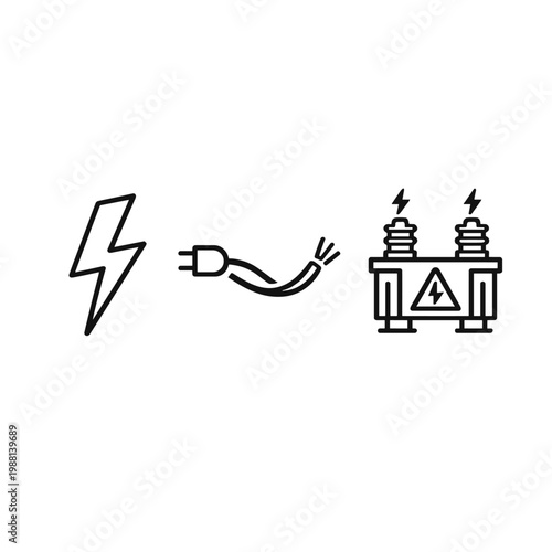 2D Minimalist Electricity Icons Set with Lightning Bolt, Power Cable and Transformer Line Art
