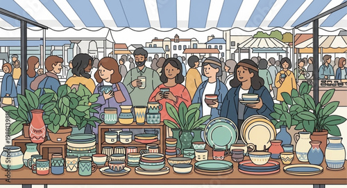 Diverse shoppers browse pottery and plants at an outdoor market stall.