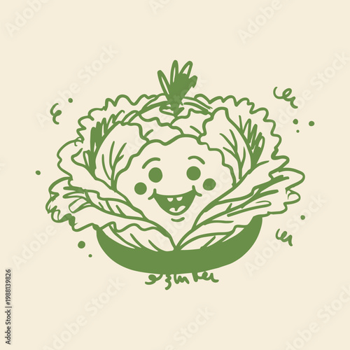 Cute Cabbage Character Illustration, Hand Drawn Green Vegetable Cartoon with Happy Smiling Face, Minimalist Line Art Vector for Healthy Eating and Gardening Design