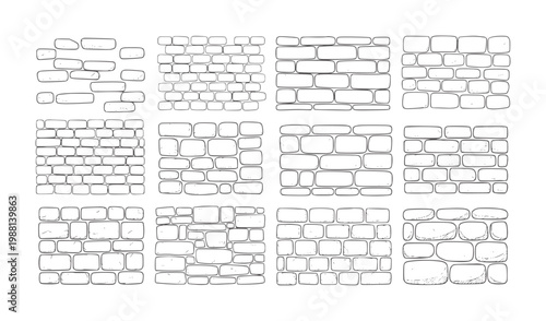 Twelve different hand drawn brick wall patterns and textures stone