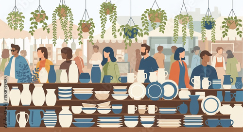Diverse shoppers browse pottery and plants in a vibrant artisanal shop.