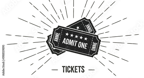 Vintage retro "admit one" tickets illustration with grunge texture and sunburst effect, perfect for event access.