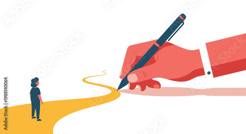 Giant hand drawing a yellow path for a small person to follow towards a bright future ahead