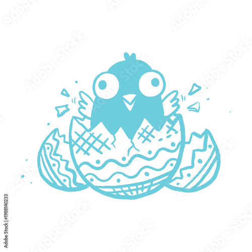 Cute Baby Chick Hatching from Easter Egg, Blue Cartoon Vector Illustration