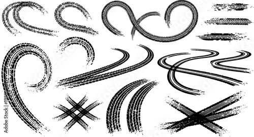 Tire tread marks after skidding, launch, drift, powerslide in motorsport, rally, off-road, motocross. Wheel texture with splash effect. Vector, transparent background EPS version.